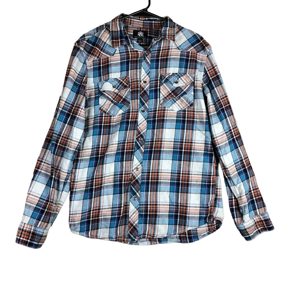 Rock & Republic Mens Shirt Orange Blue Flannel Tartan Plaid Button Down Large